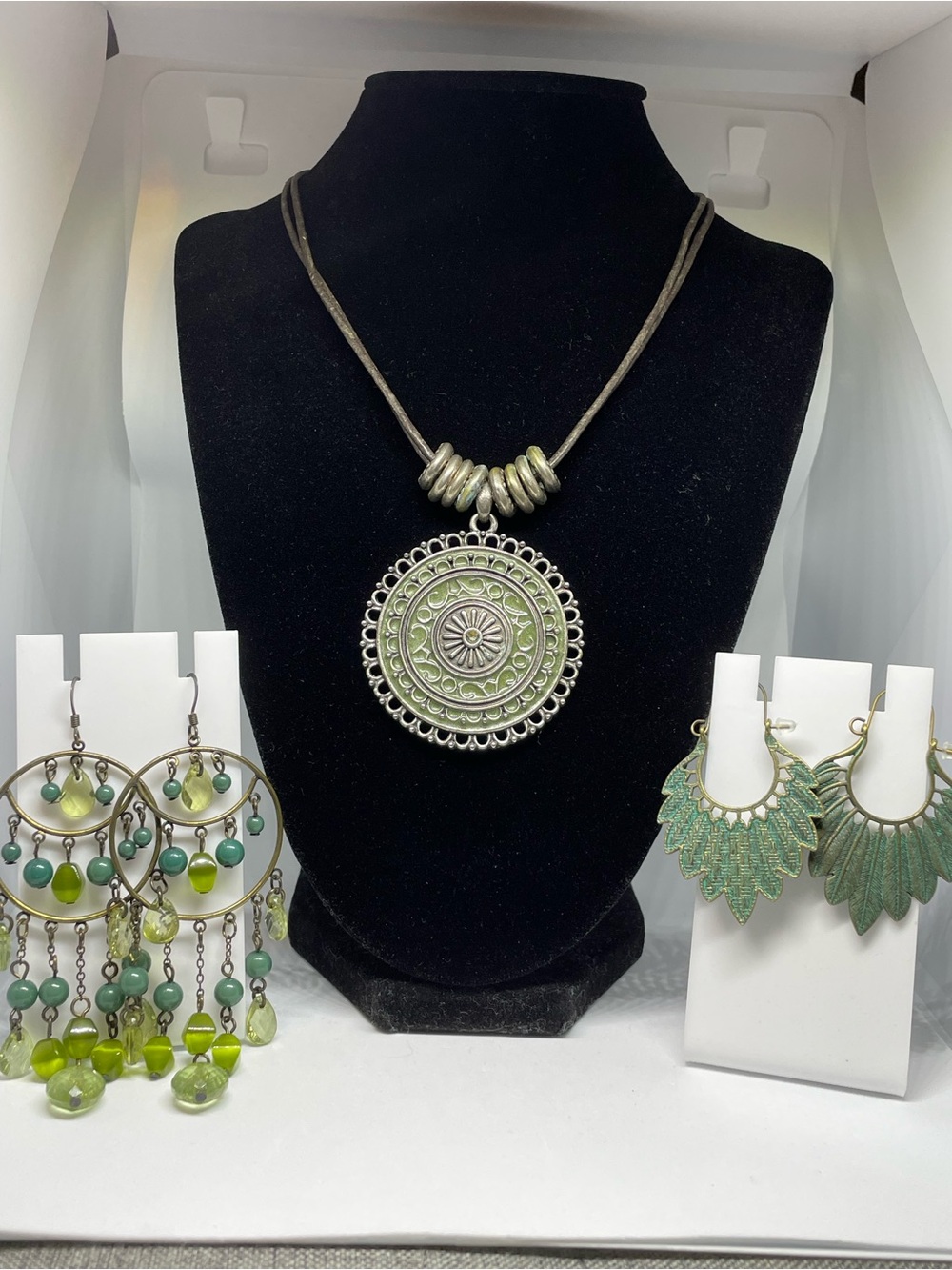 Boho Green Medallion Pendant Necklace and Earrings Set - Set of 3